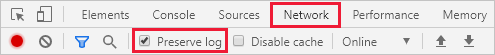 Screenshot che evidenzia l'opzione Mantieni log nella scheda Rete in Chrome.