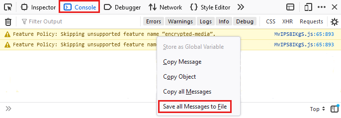 Screenshot del comando Salva tutti i messaggi in un file nella scheda Console.