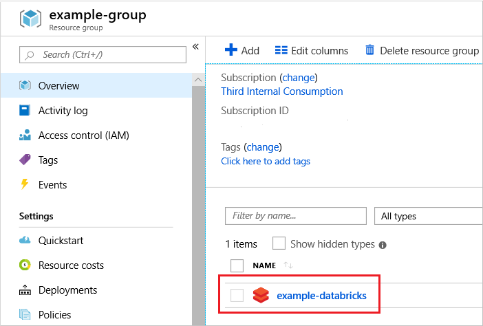 Screenshot del portale di Azure con un'istanza di Azure Databricks selezionata.