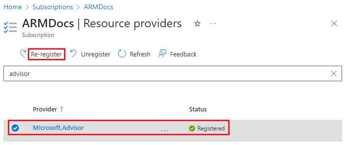 Screenshot della nuova registrazione del provider di risorse nel portale di Azure.