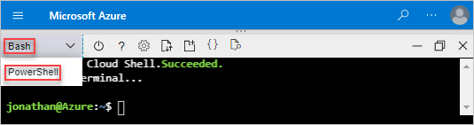 Screenshot dell'opzione per selezionare Bash o PowerShell in Cloud Shell.