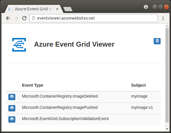 Web browser rendering the sample web application with three received events