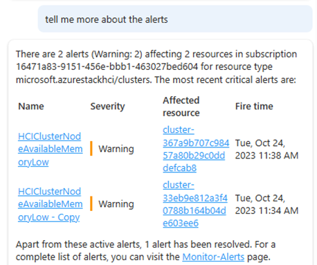 Screenshot che mostra Microsoft Copilot in Azure che fornisce informazioni sugli avvisi che interessano i cluster Azure Stack HCI.