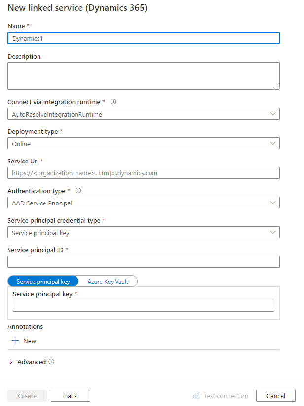 Screenshot della configurazione del servizio collegato per Dynamics 365.