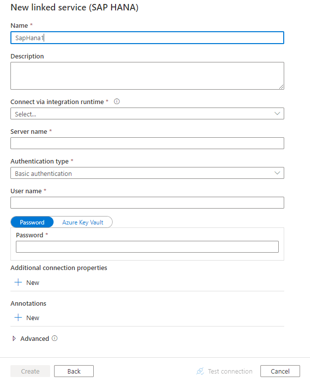 Screenshot della configurazione del servizio collegato di SAP HANA.