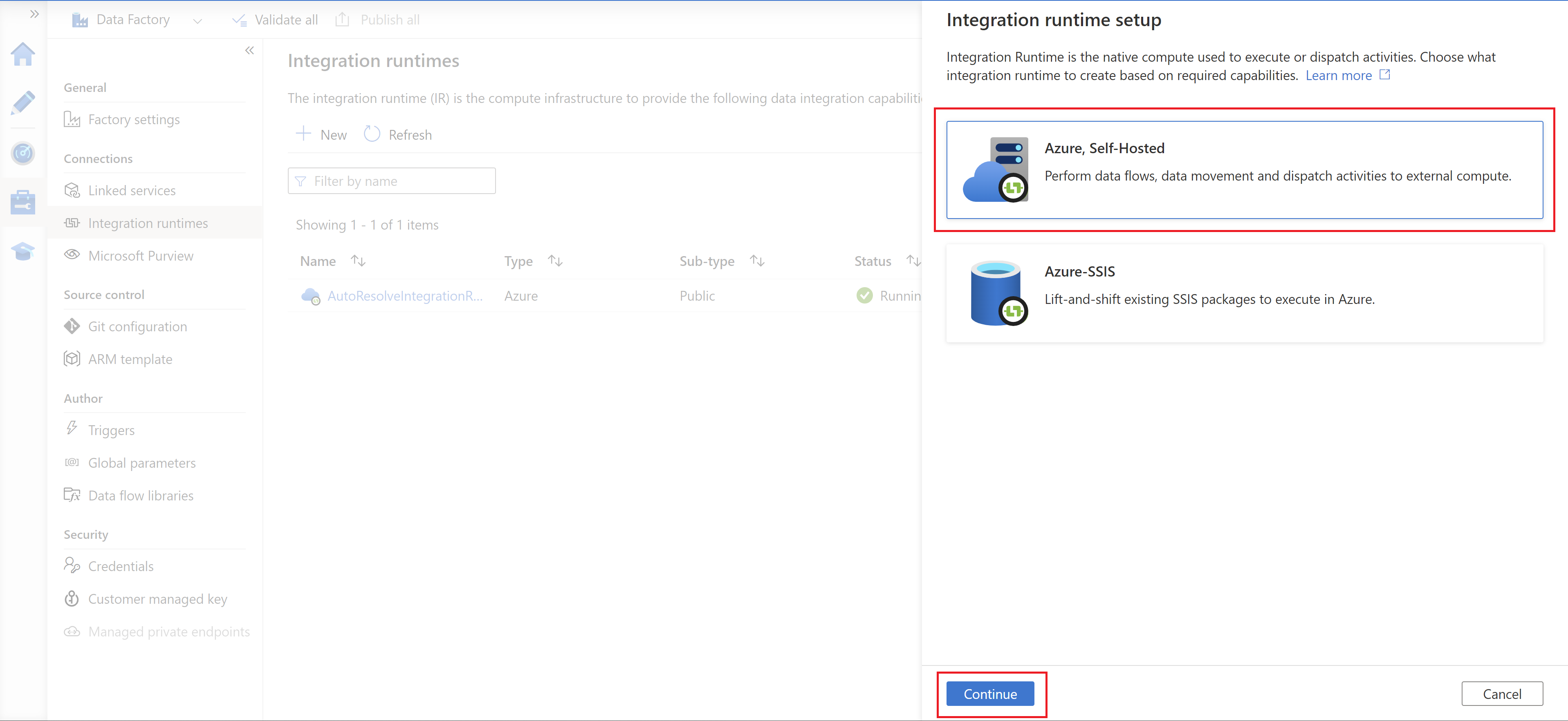 Screenshot che mostra l'opzione del runtime di integrazione self-hosted di Azure.