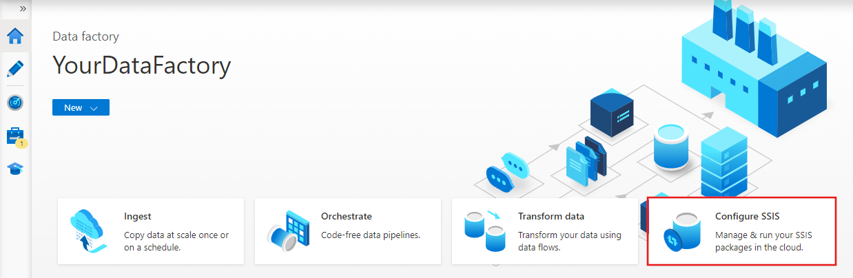 Screenshot che mostra la home page di Azure Data Factory.