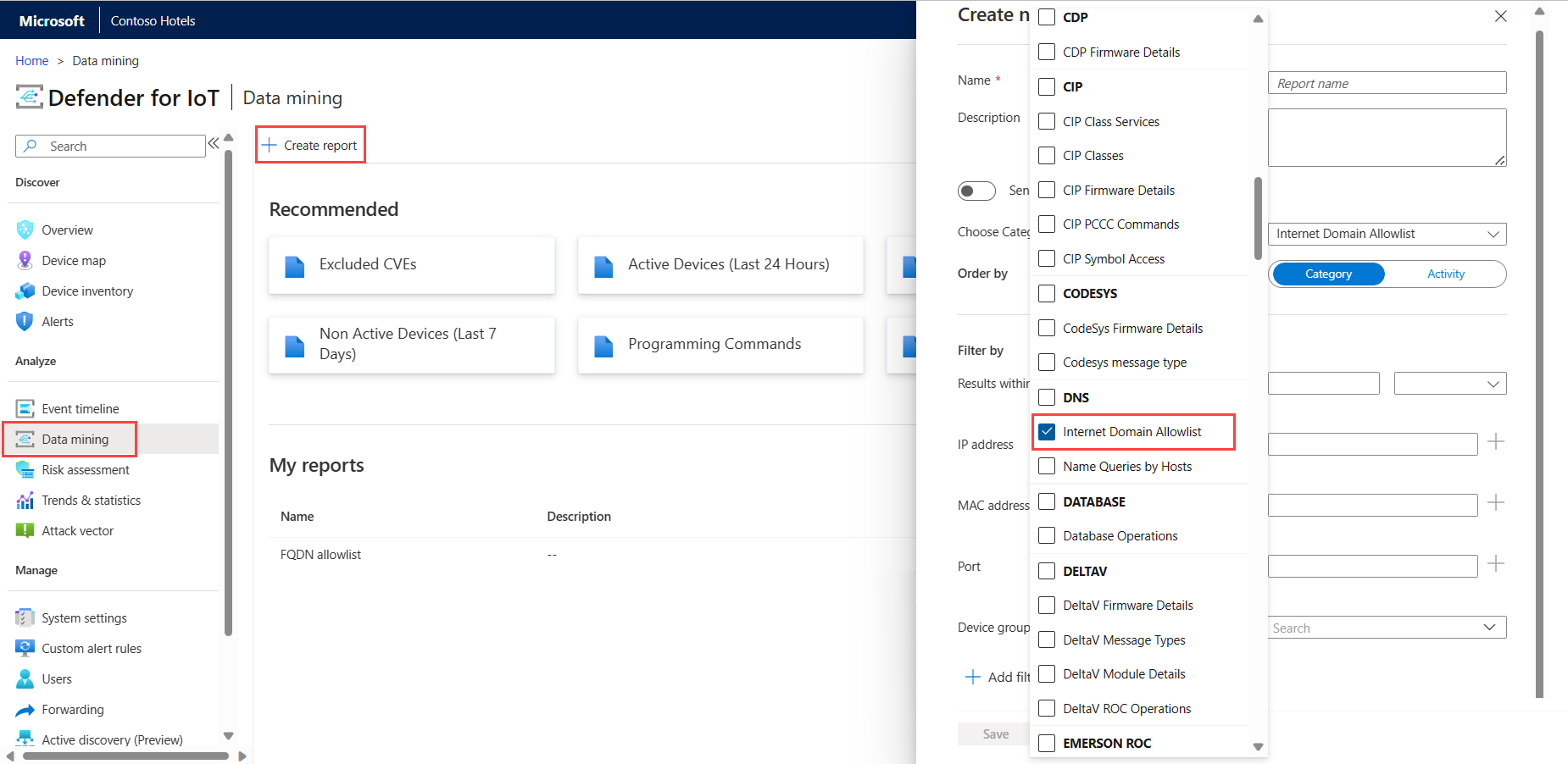 Screenshot che illustra come creare un report di data mining per gli elenchi di DNS consentiti.