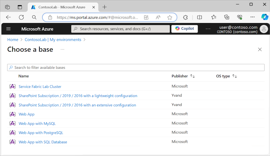 Screenshot che mostra i modelli Resource Manager dell'ambiente pubblico disponibili per la risorsa lab di DevTest Labs.