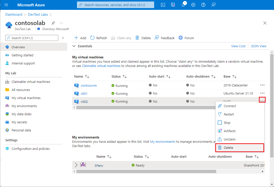 Screenshot dell'opzione Elimina selezionata nel menu di scelta rapida di V M nella pagina Panoramica del lab.