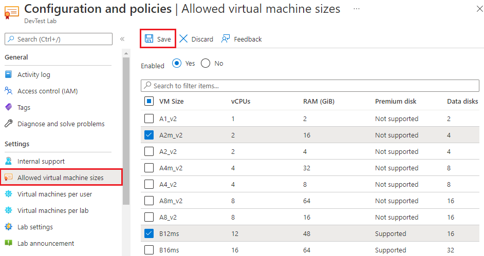 Screenshot che mostra le dimensioni delle macchine virtuali consentite.