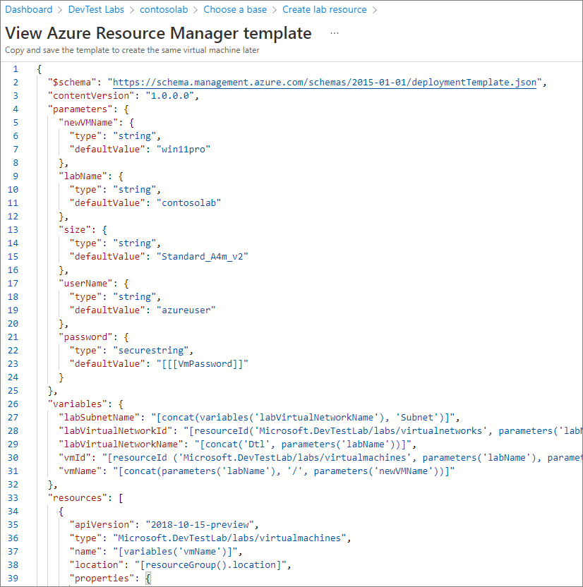 Screenshot che mostra un modello di Resource Manager da salvare per un uso successivo.