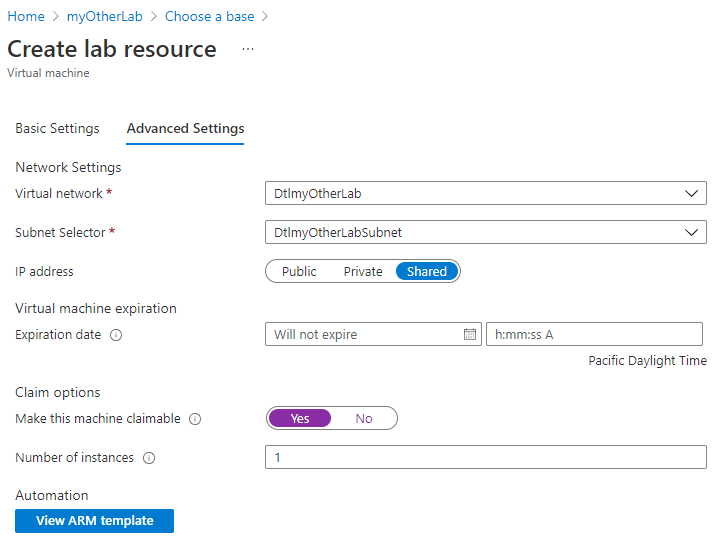 Screenshot della scheda Impostazioni avanzate della pagina Crea risorsa lab.