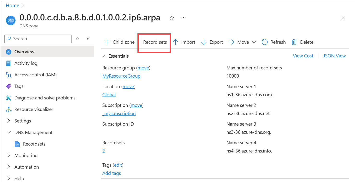 Screenshot di come aggiungere un record DNS inverso IPv6 a una zona DNS.