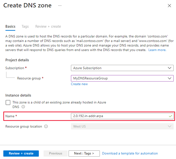 Screenshot della creazione della zona DNS arpa IPv4.