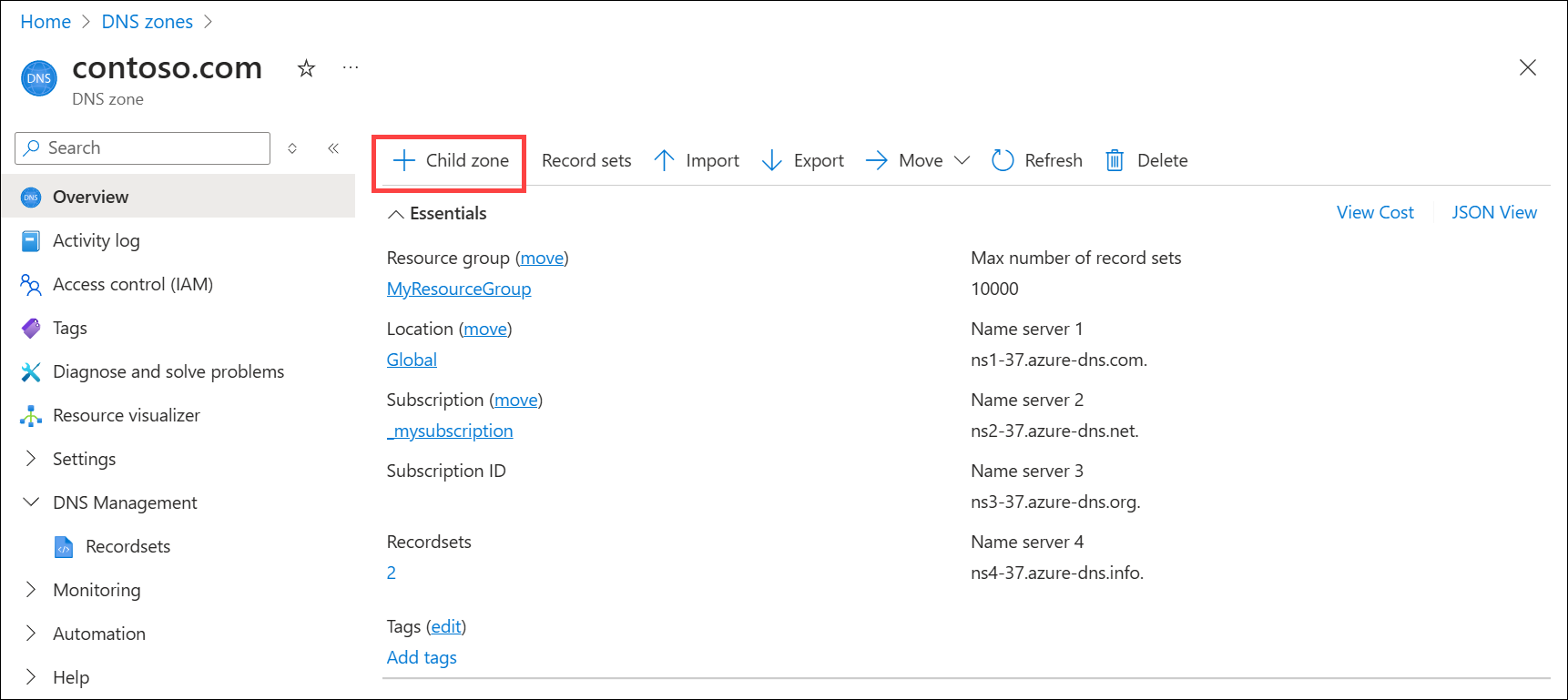 Screenshot della zona DNS di Azure che mostra il pulsante Aggiungi zona figlio.