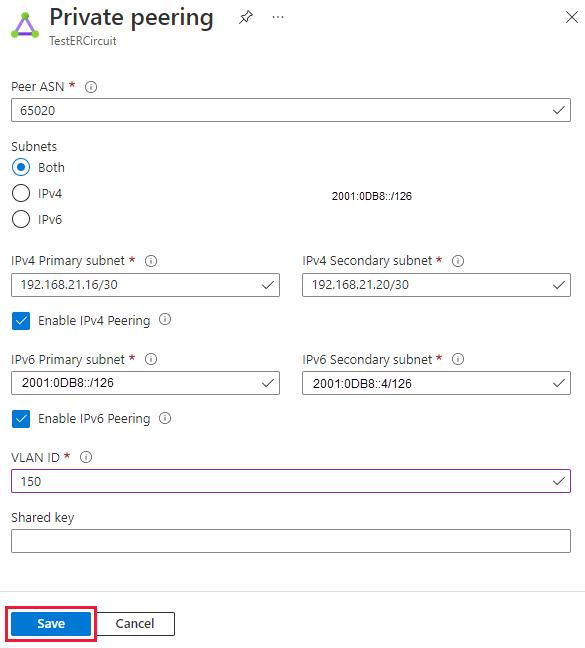 Screenshot che mostra come aggiornare la configurazione del peering privato.