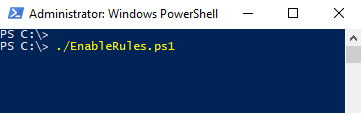 Screenshot dell'esecuzione dello script delle regole di abilitazione nella finestra di PowerShell.