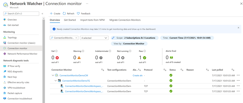 Screenshot della pagina di panoramica di Monitoraggio connessione.