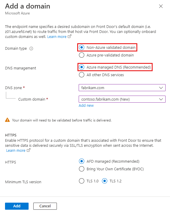 Screenshot che mostra il riquadro Aggiungi un dominio con DNS gestito di Azure selezionato.