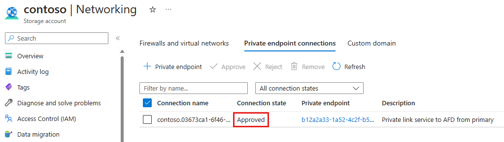 Screenshot della connessione dell'endpoint privato approvata dall'account di archiviazione.