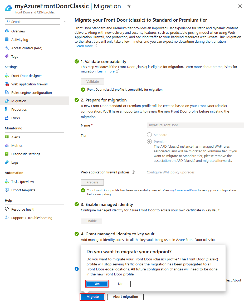 Screenshot del pulsante di migrazione e conferma per la migrazione di Frontdoor.