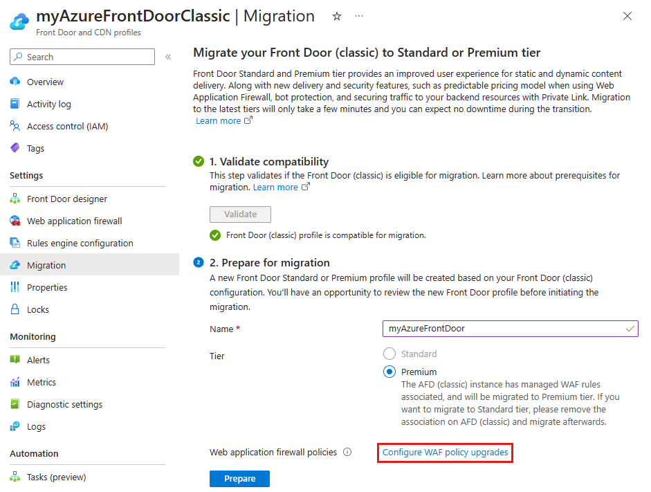 Screenshot del collegamento configurare i criteri WAF durante la preparazione della migrazione di Frontdoor.