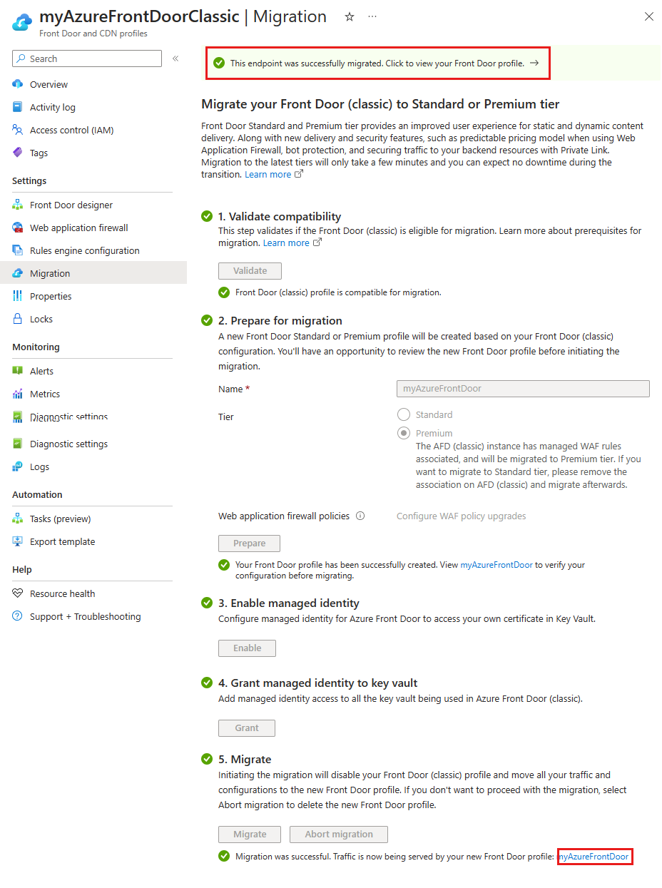 Screenshot di una migrazione frontdoor riuscita.