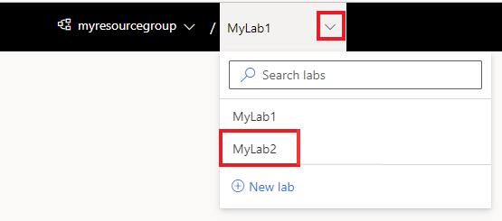 Screenshot che mostra come selezionare un lab diverso usando il controllo di selezione lab nel sito Web di Azure Lab Services.