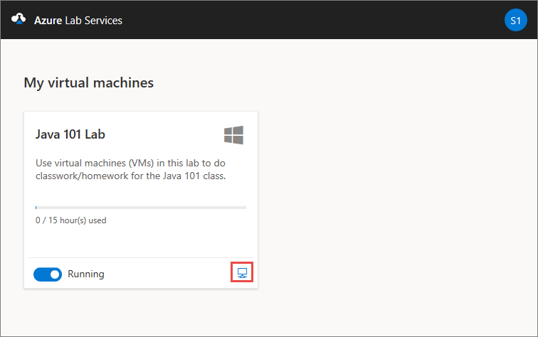 Ritaglio di schermata della pagina Macchine virtuali personali nel sito Web di Azure Lab Services con evidenziato il pulsante di connessione.