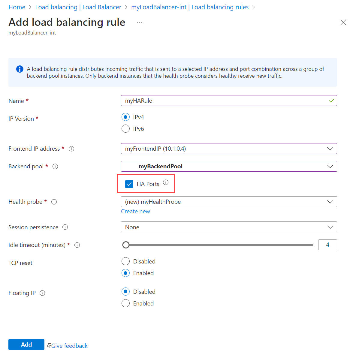 Screenshot of the add load balancer HA ports rule page.