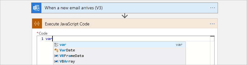 Screenshot che mostra il flusso di lavoro Consumo, l'azione Esegui codice JavaScript e l'elenco di completamento automatico delle parole chiave.