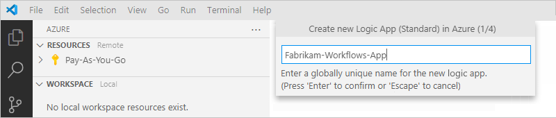 Screenshot che mostra la richiesta di specificare un nome per la nuova app per la logica da creare.