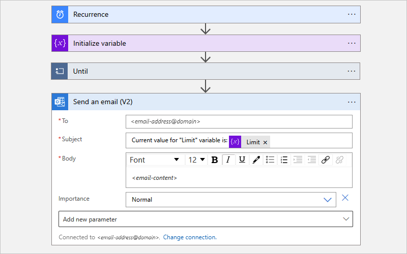 Screenshot che mostra il flusso di lavoro a consumo e l'azione denominata Invia un messaggio di posta elettronica con i valori delle proprietà.