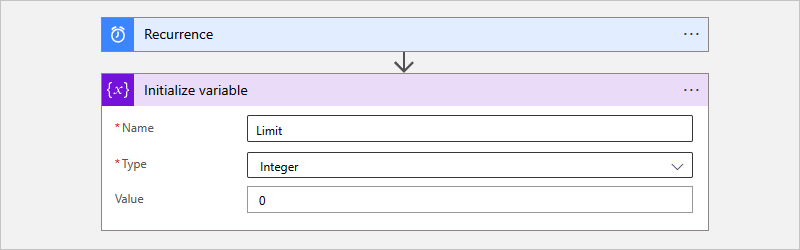 Screenshot che mostra il portale di Azure, il flusso di lavoro a consumo e i parametri per l'azione predefinita denominati Inizializza variabile.