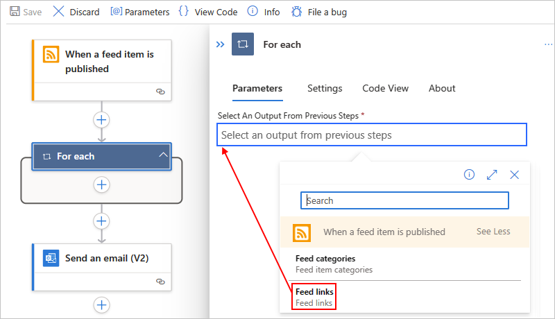 Screenshot che mostra il portale di Azure, Progettazione flussi di lavoro Standard, l'azione denominata For each e l'elenco di contenuti dinamici aperto.