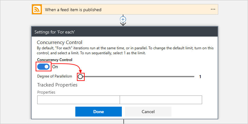 Screenshot che mostra il flusso di lavoro a consumo, l'azione denominata For each, l'impostazione Controllo della concorrenza attivata e il dispositivo di scorrimento del grado di parallelismo impostato su 1.