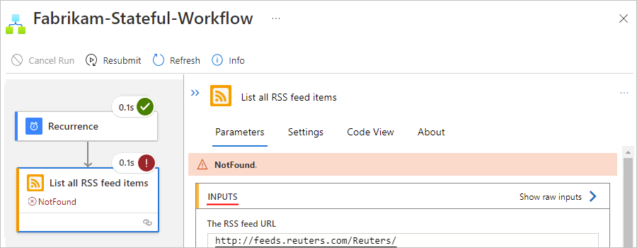 Screenshot che mostra il flusso di lavoro dell'app per la logica Standard con input dei passaggi non riusciti.