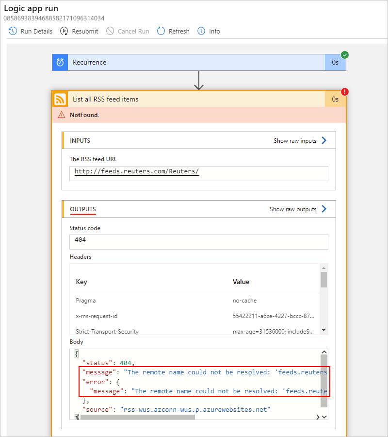 Screenshot che mostra il flusso di lavoro dell'app per la logica a consumo con output dei passaggi non riusciti.