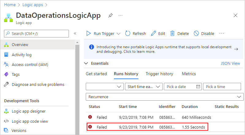 Screenshot che mostra portale di Azure con le esecuzioni del flusso di lavoro dell'app per la logica a consumo e un'esecuzione non riuscita selezionata.