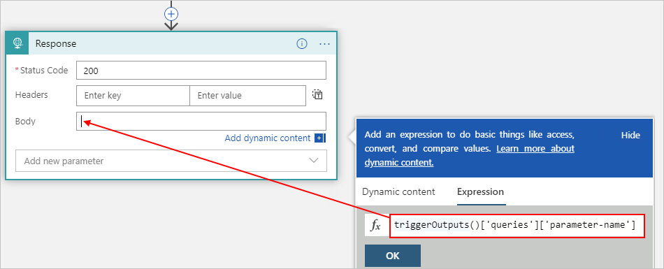 Screenshot che mostra il flusso di lavoro A consumo, l'azione di risposta e l'espressione triggerOutputs().