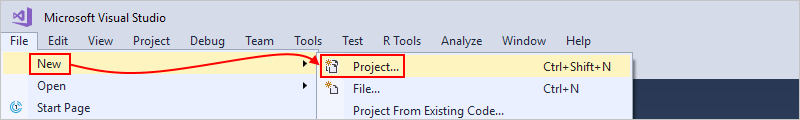 Screenshot che mostra Visual Studio, menu File con le opzioni selezionate per Nuovo, Progetto.