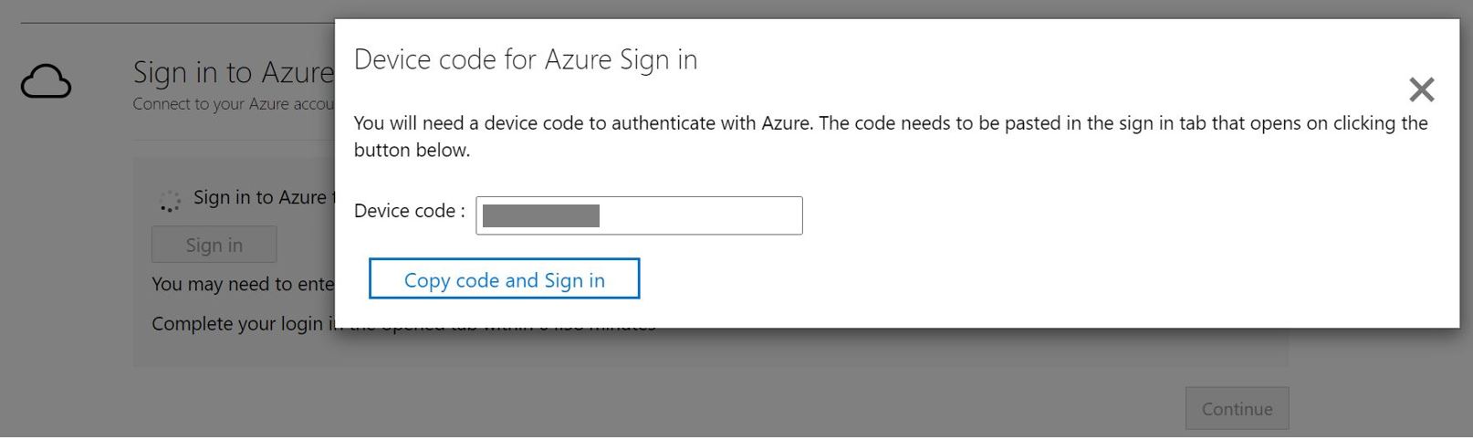 Screenshot che mostra la finestra Codice dispositivo per l'accesso ad Azure.