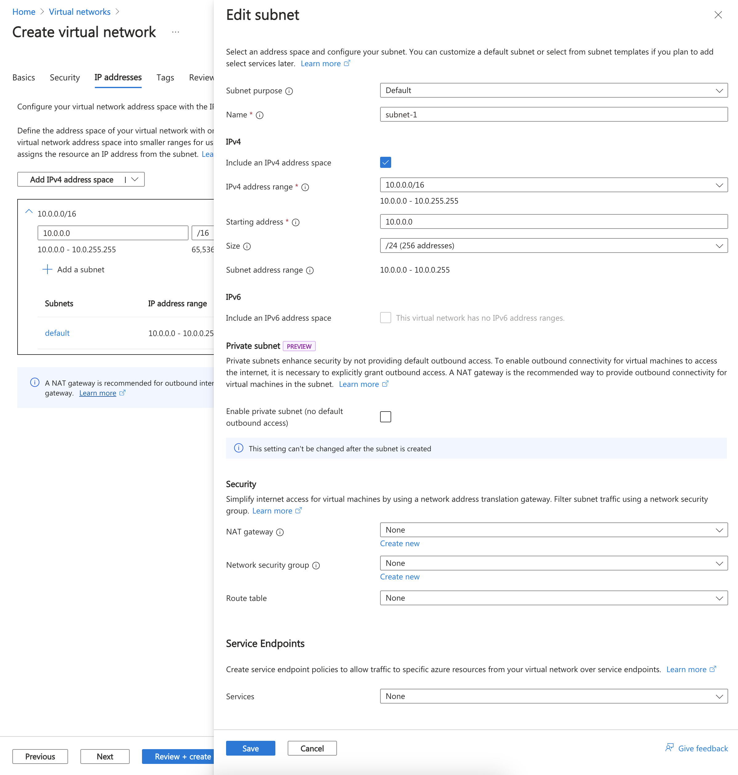 Screenshot della ridenominazione e della configurazione della subnet predefinita.