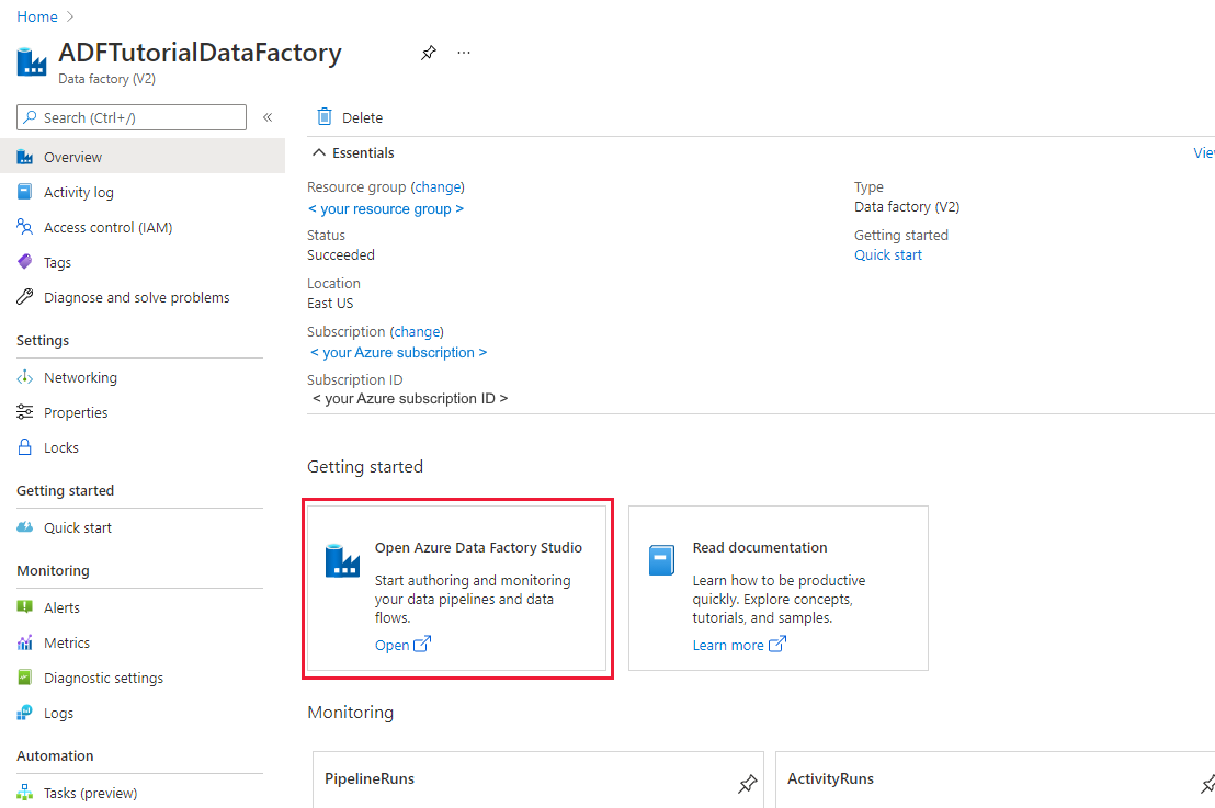 Screenshot della home page di Azure Data Factory.