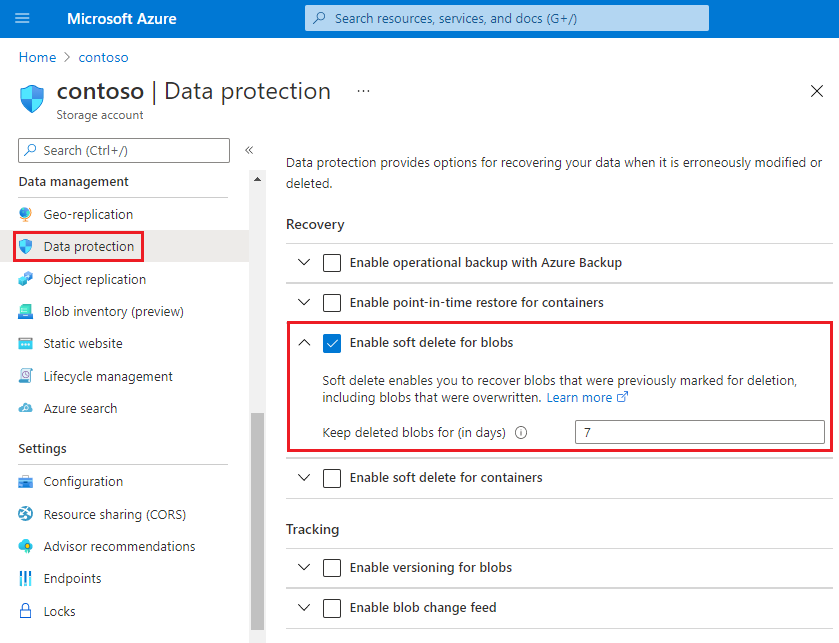 Screenshot che mostra come abilitare l'eliminazione temporanea nel portale di Azure