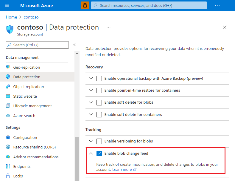 Screenshot che mostra come abilitare il feed di modifiche nel portale di Azure