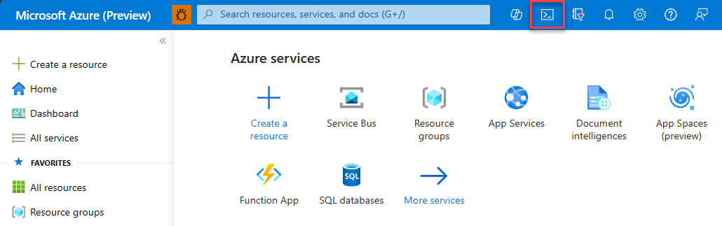 Screenshot che mostra come accedere all'interfaccia della riga di comando per sviluppatori di Azure da Cloud Shell.