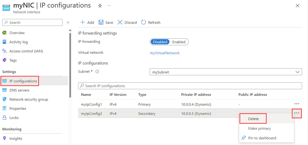 Screenshot dell'eliminazione di una configurazione IP nel portale di Azure.