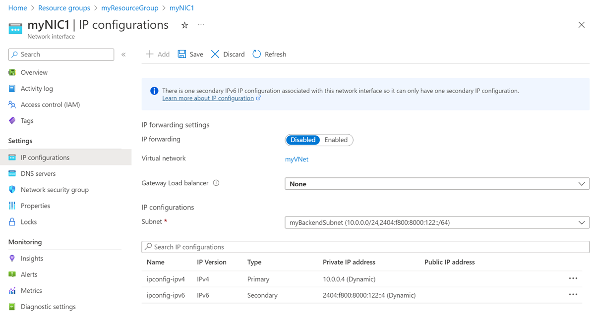 Screenshot delle configurazioni IP dell'interfaccia di rete.